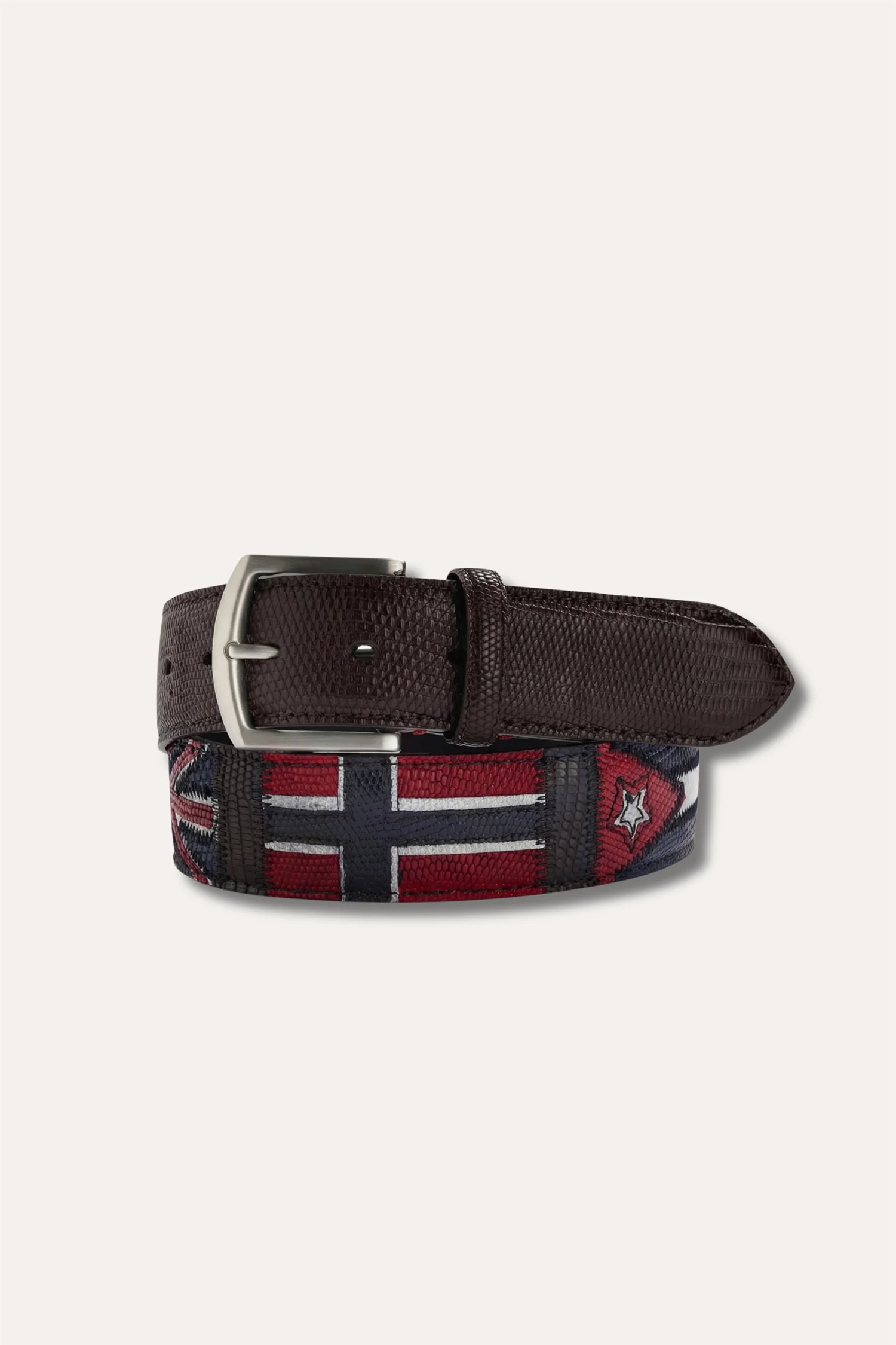 Lizard Leather Flag Belt Dark Brown Multi