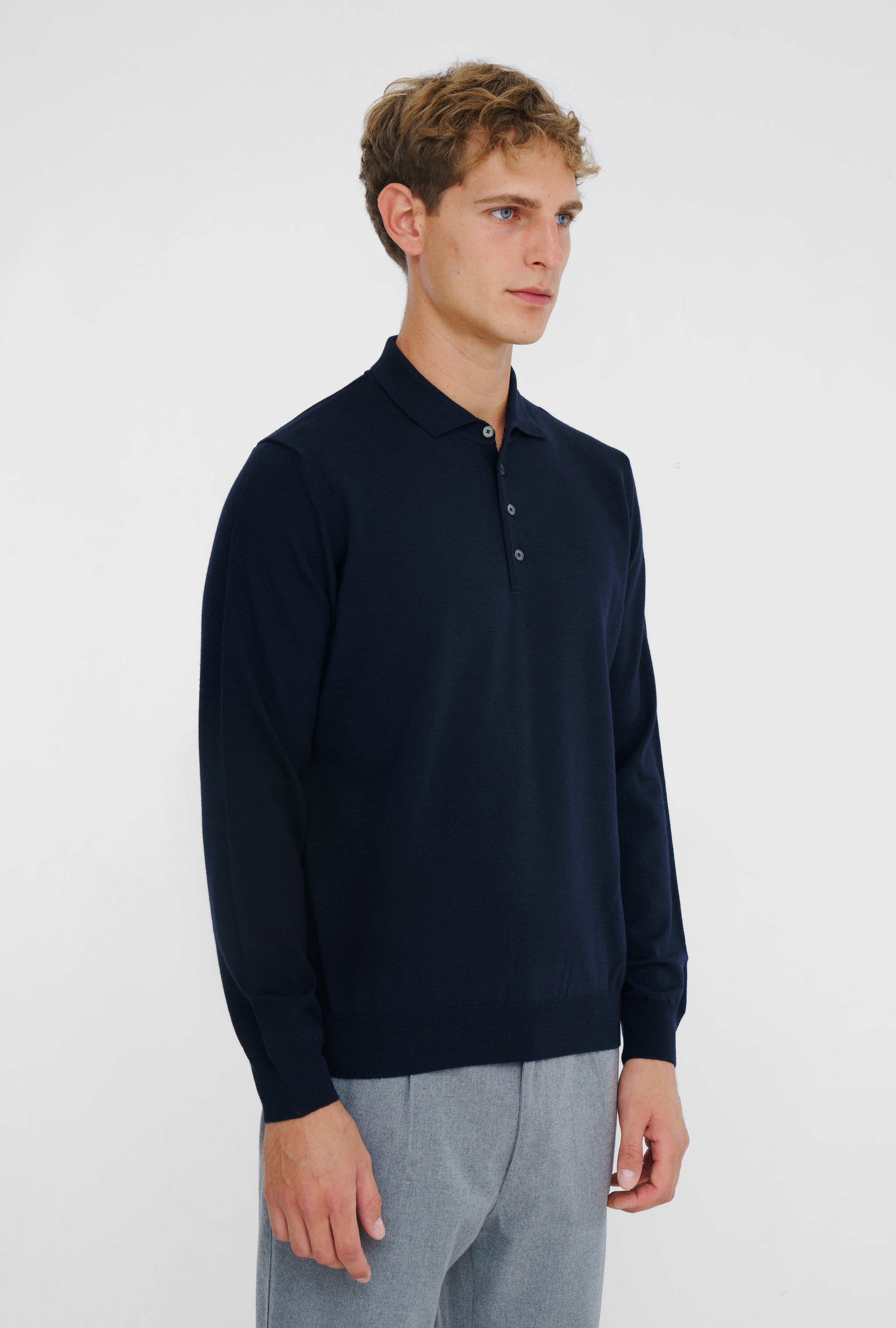 Merino Wool Polo Button Navy - Image 3