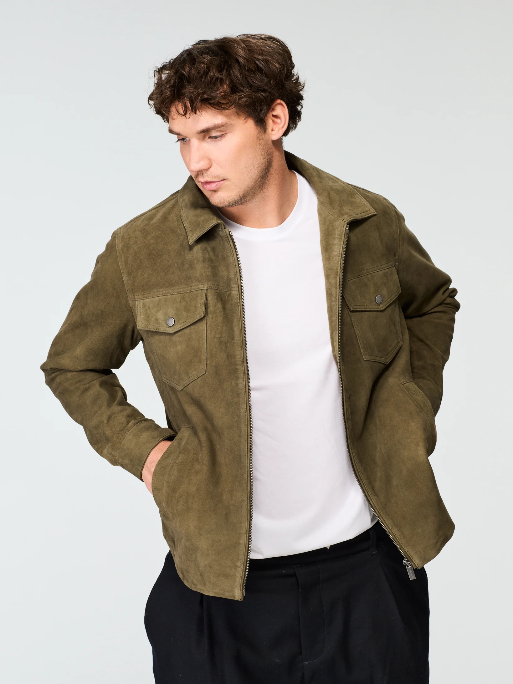 Suede Zip Jacket Olive - Image 2