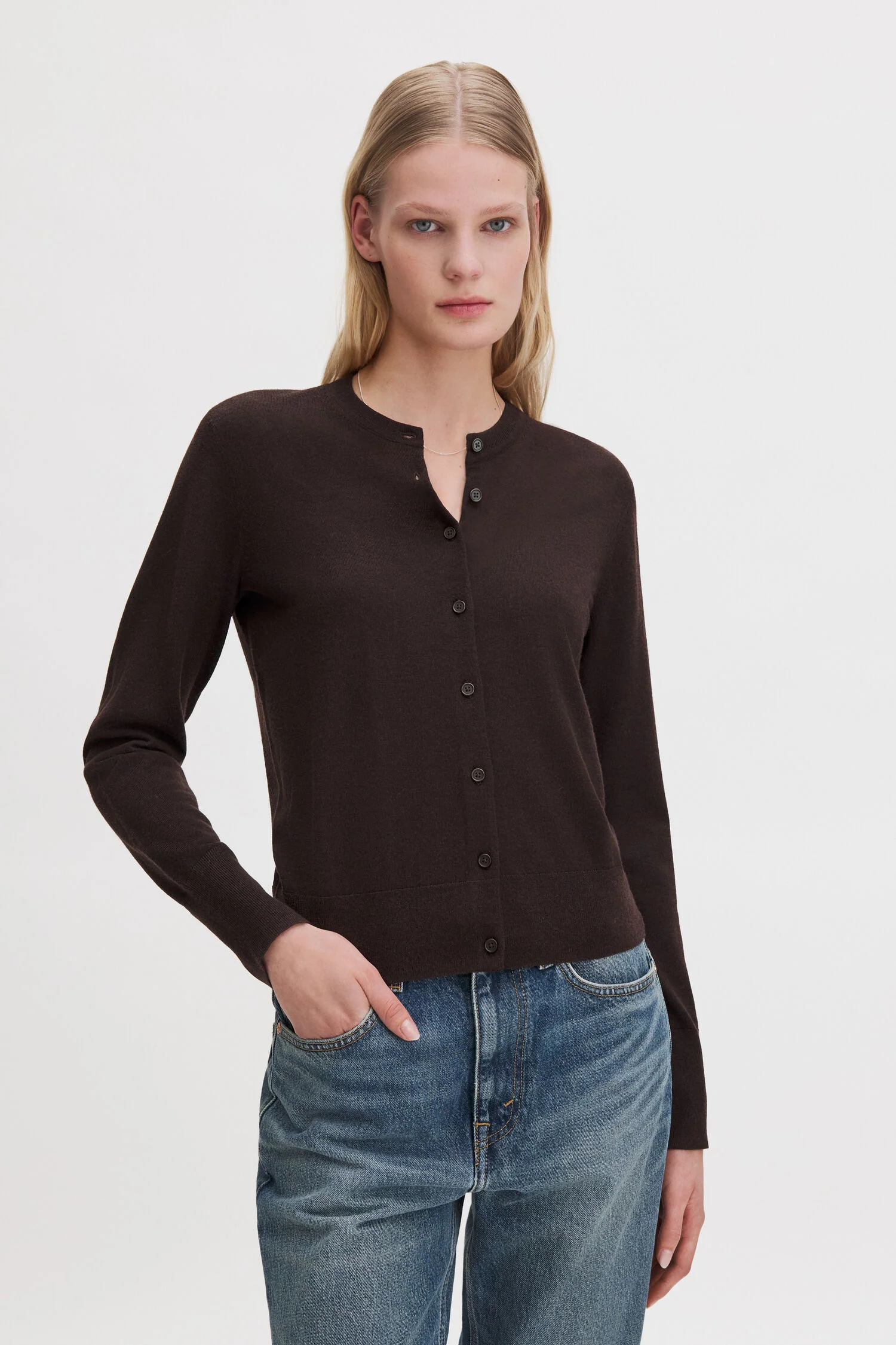 Merino Short Cardigan Dark Chocolate - Image 2